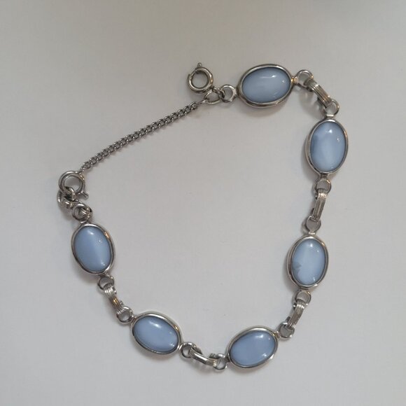 Vintage Silver-Tone Bracelet With Blue Moonstone Cabochons & Chain Clasp - Picture 1 of 7
